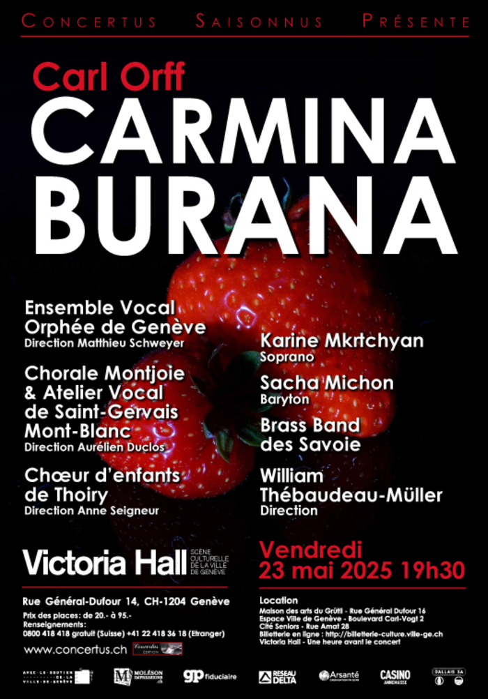 Affiche de la soirée sur un fond noir, on voit deux fraises et toute la programmation du concert prévu au Victoria Hall, le vendredi 23 mai 2025 à 19h30.