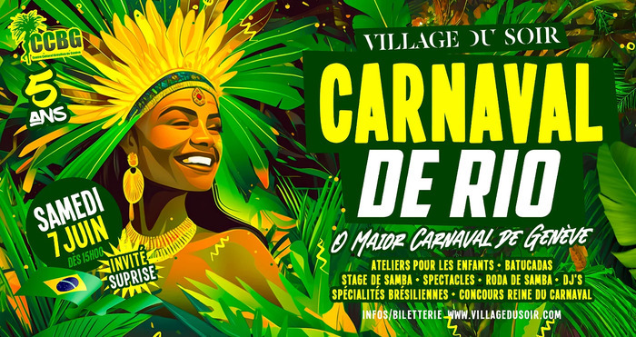 Village du soir Affiche colorée et festive du "Carnaval de Rio" à Genève 🎉
L’image est une affiche très vive, dominée par des tons jaunes, verts et verts foncés, inspirés des couleurs du Brésil. Elle représente une femme noire souriante, coiffée d’une grande coiffe à plumes jaunes et vertes, portant des boucles d’oreilles dorées et un collier de perles dorées, évoquant l’ambiance du carnaval brésilien.
Le fond est rempli de feuilles tropicales, donnant une atmosphère de jungle luxuriante et festive.
📍 Texte…