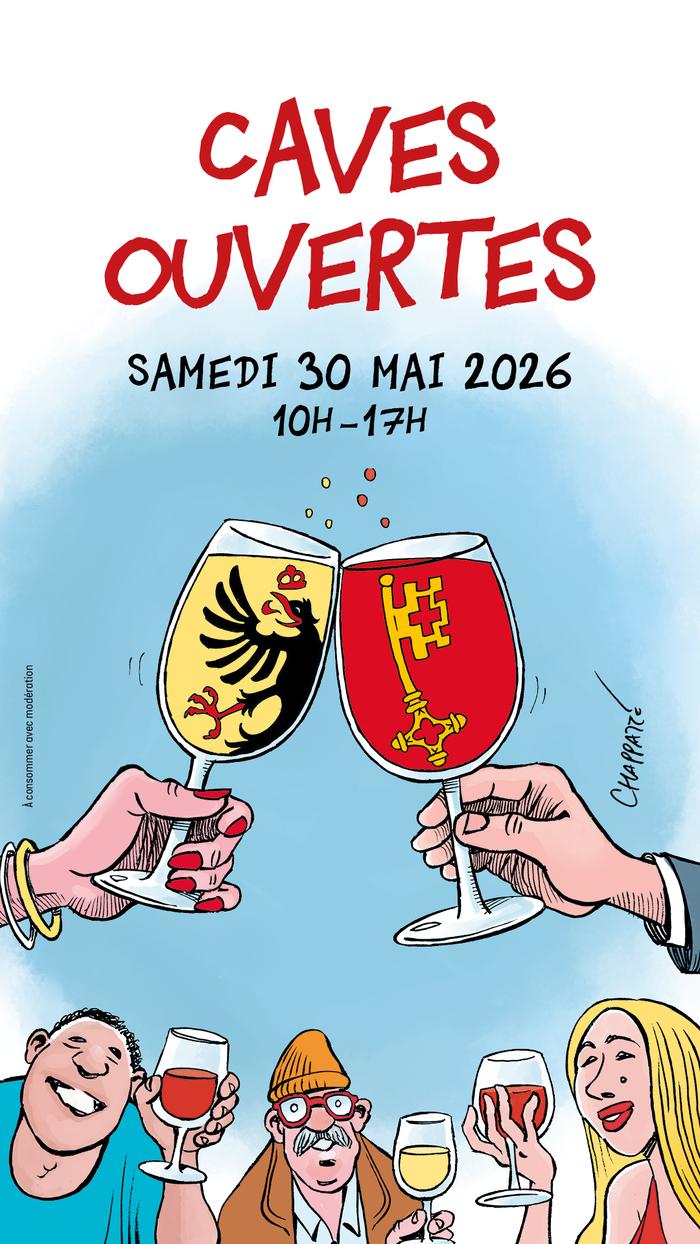 Cette illustration montre, sur fond bleu ciel, deux mains trinquant avec des verres de vin. C'est l'affiche officiel des caves ouvertes