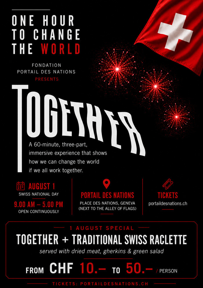 Flyer de promotion pour Together et la raclette. On y voit le drapeau suisse et des feux d'artifice