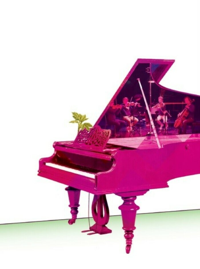 DR illustration d'un piano à queue rose avec une photo de musiciens sur l'intérieur du couvercle entrouvert