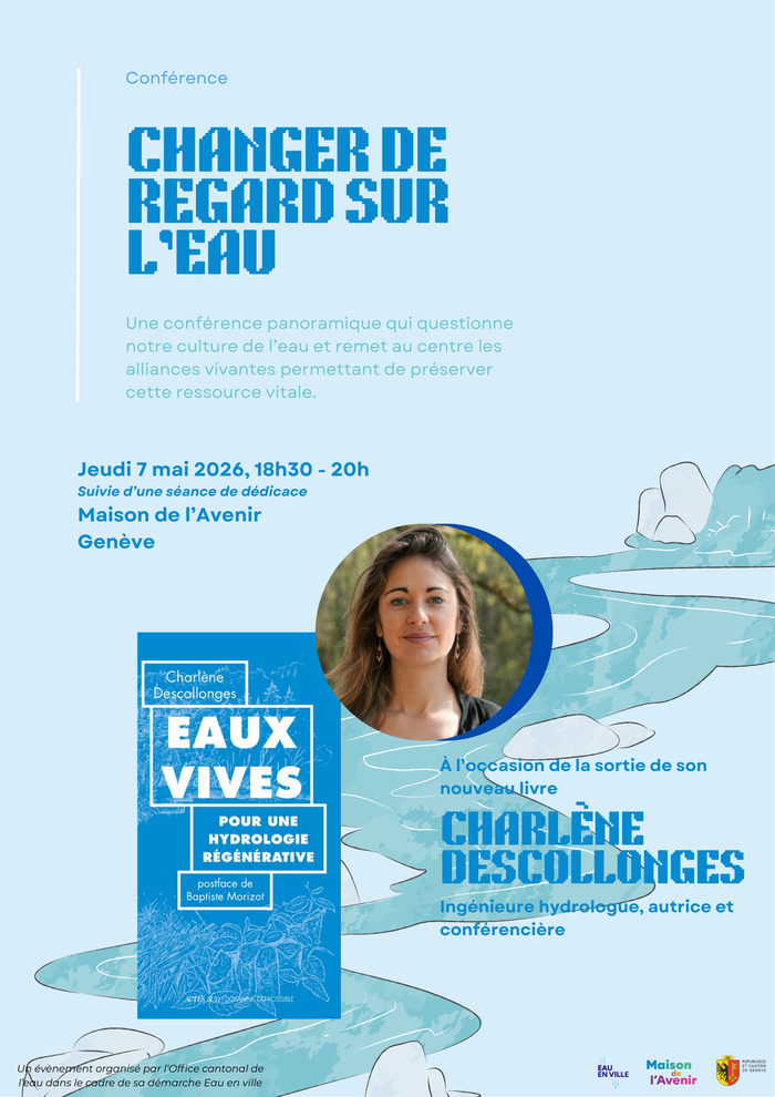 Changer de regard sur l'eau, photo de Charlène Descollonges et image de couverture de son livre "Eaux Vives"