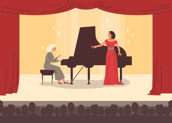 Dessin d'une pianiste et d'une cantatrice sur scène