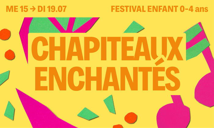 Sur fond jaune on retrouve des motifs colorés et un titre écrit en orange