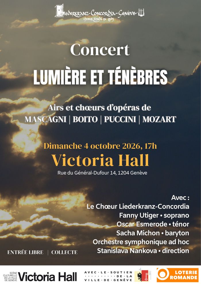 Affiche du concert «Lumière et ténèbres» avec un fond sombre traversé par un faisceau de lumière. Le titre, la date (4 octobre 2026), le lieu (Victoria Hall, Genève) et les noms des compositeurs Puccini, Boito, Mascagni et Mozart sont affichés au centre.