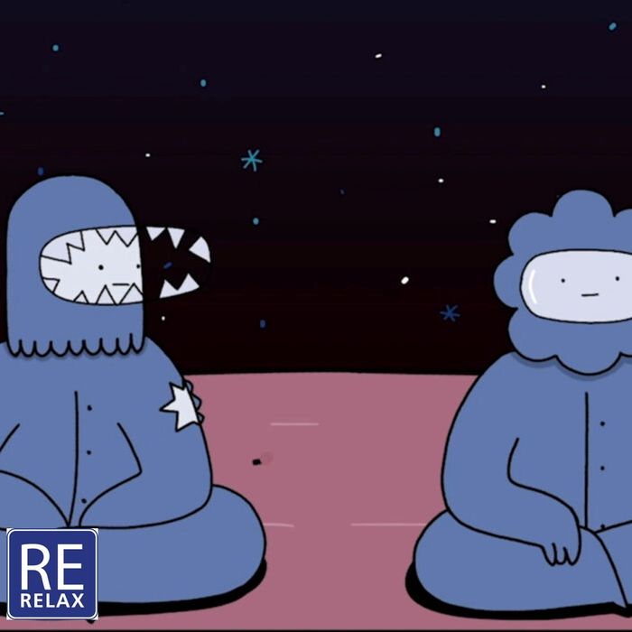 Illustration de deux personnages habillés en bleu assis par terre