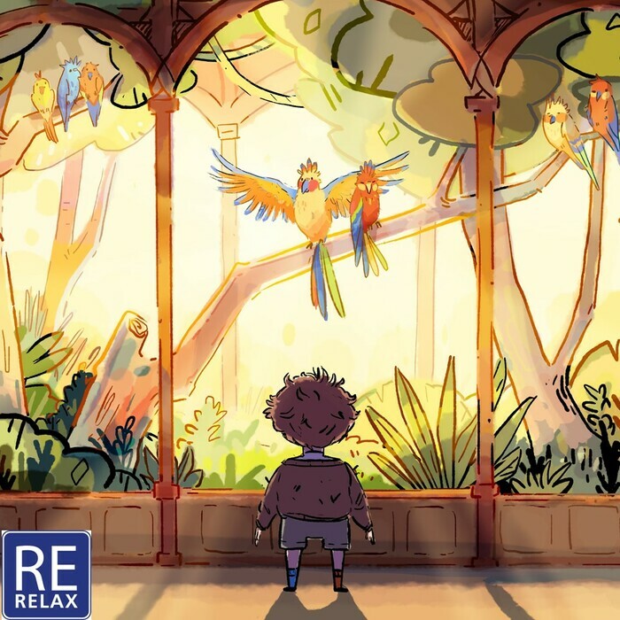 Image extraite du film court: À la bonne place ! de Meinardas Valkevičius Illustration d'un enfant de dos devant une fenêtre donnant sur une forêt avec des perroquets dans les arbres.