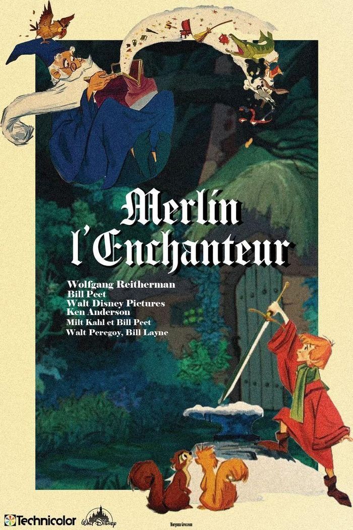 Dans une scène médiévale enchantée, le jeune Arthur brandit une épée sous le regard du magicien Merlin, tandis que des animaux et des objets magiques animent l'affiche d'une atmosphère féerique et initiatique.