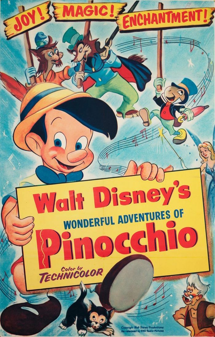 Le pantin de bois Pinocchio, accompagné de Jiminy Cricket, évolue dans un univers féerique et coloré, symbole d'aventure, d'apprentissage et de quête d'humanité.