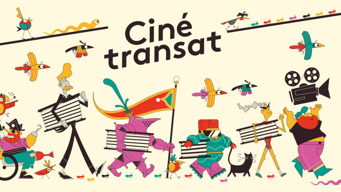 Plusieurs personnages marchant en direction de la droite, en portant des transat. Des oiseaux et autres animaux suivent le défilé.