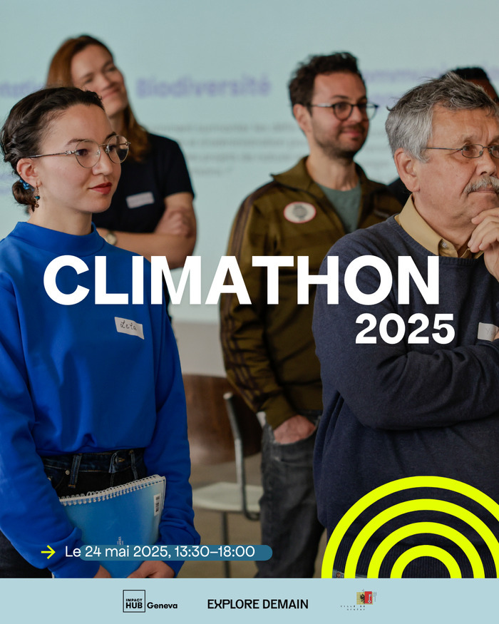 Image du Climathon 2024 © Jonny Granger Il s'agit d'une photo de quatre personnes représentant une population variée, qui sont en train d'écouter la présentation d'un participant. Au fond de l'image on devine le mot "biodiversité" sur le mur où une présentation est projetée. Un élément visuel décoratif coloré complètent l'image : des demi-cercles jaunes emboités. Le texte central en blanc indique "Climathon 2025", en dessous se trouve la date de l'événement "24 mai 2025, 13:30-18:00" ainsi que les logos des partenaires de l'événement…