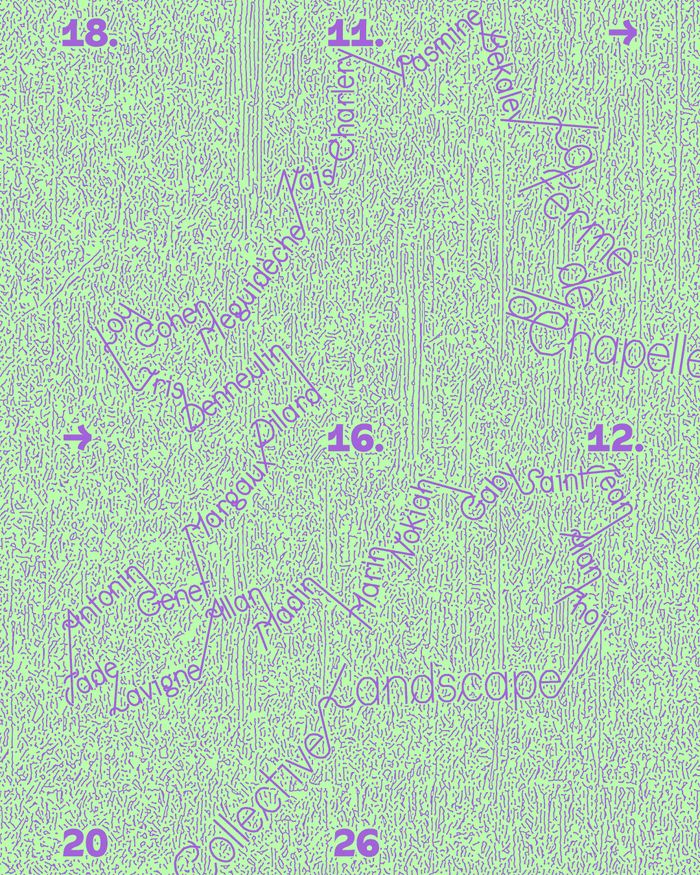 Affiche de l'exposition, texte et motifs violets sur fond vert pomme