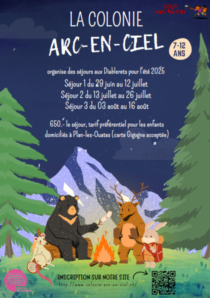 l'image représente un environnement de montagnes avec des sapins un ours brun et un cerf avec deux petits enfants animaux : une souris et un lapin autour d'un feu de camp.
