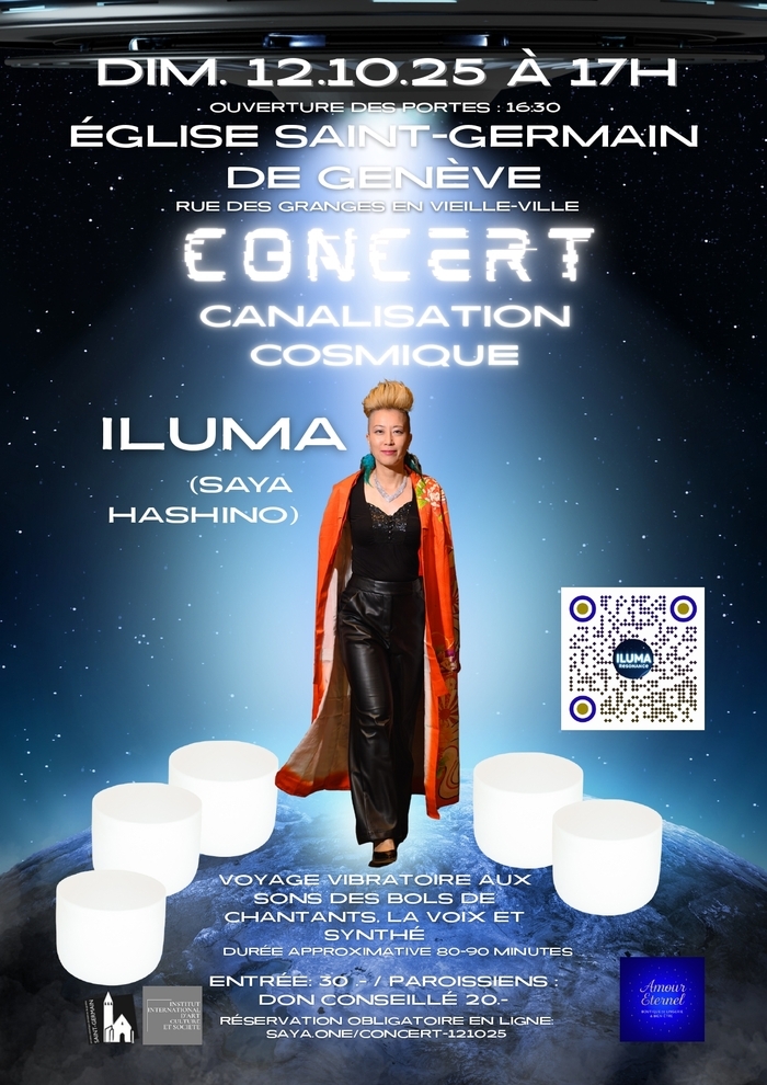 La photo de l’artiste est au centre de l’affiche. Elle porte une veste rouge/orangée longue et un haut noir, avec un pantalon noir brillant. Elle a les cheveux blonds coiffés en hauteur.
