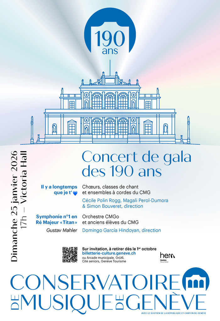 Bâtiment du Conservatoire de musique de Genève avec les informations des œuvres et des artistes