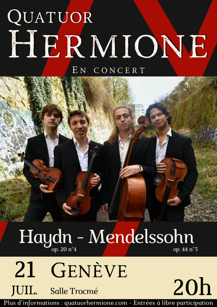 Concert à 20 h du quatuor Hermione salle trocmé à Genève