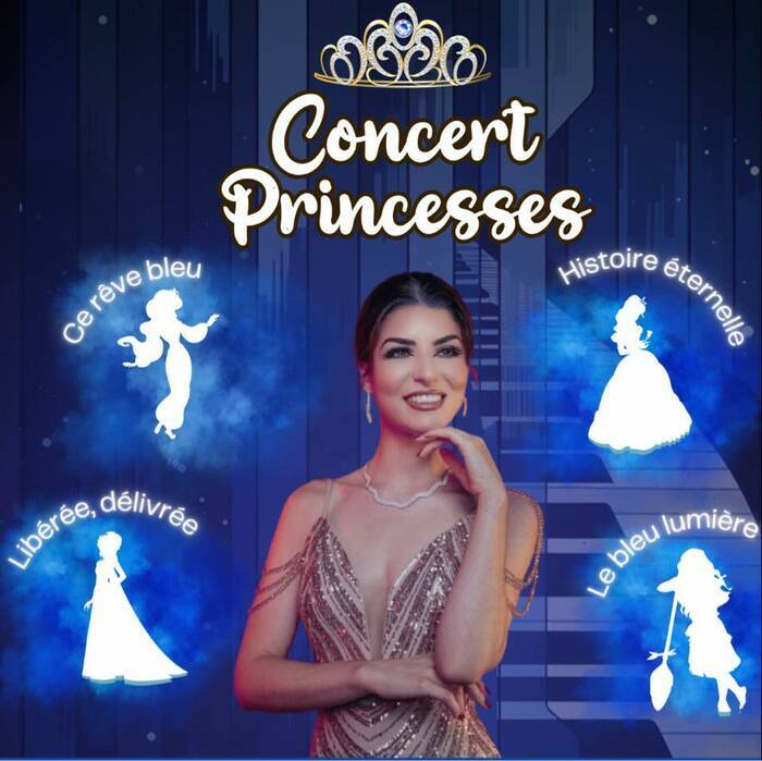 Concert Princesses Laurie la chanteuse de concert princesses avec les silhouettes des princesses comme la Reine des Neiges avec son titre "Libérée, délivrée", Jasmine avec "Ce rêve bleu", la Belle avec "Histoire éternelle" et Vaiana avec "le bleu lumière".