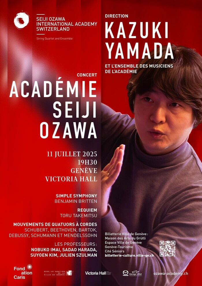 Nicolas Lieber 2024 Affiche de la soirée, sur un fond rouge, une photo de Kazui Yamada qui dirige.