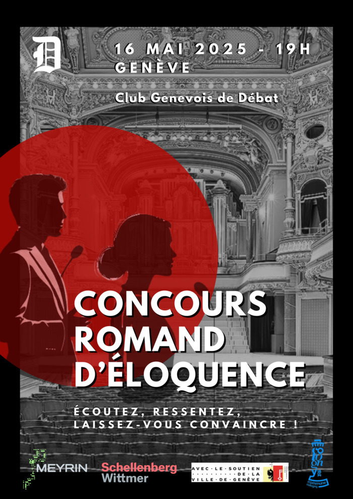 Affiche de la soirée, photo de la salle du Victoria Hall en noir et blanc, avec une pastille rouge incluant deux orateurs. Écoutez, ressentez, laissez-vous convaincre, le 16 mai 2025 à 19h.