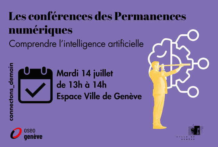 Visuel représentant la conférence "Comprendre l'IA" avec une silhouette d'homme regardant dans uen longue vue vers la partie d'un pictogramme représentant la moitié un cerveau humain et un robot.