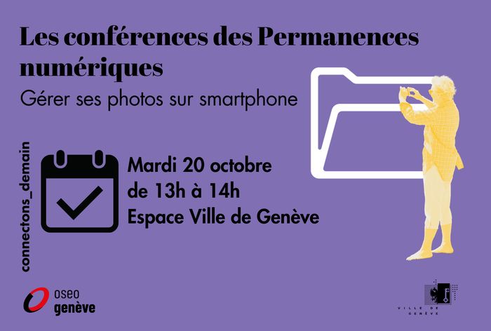 Visuel présentant la conférence "Gérer ses photos sur smartphone" avec une silhouette de femme qui prend une photo en direction d'un pictogramme qui représente un dossier de classement.