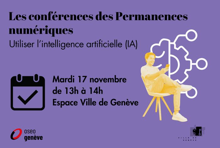 Visuel présentant la conférence "Utiliser l'intelligence artificielle" avec une silhouette d'homme assis sur une chaise utilisant son smartphone, devant un pictogramme représentant un cerveau mi-humain mi-robot.