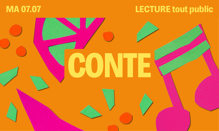 Sur fond orange se trouve des motifs colorés et le titre écrit en jaune
