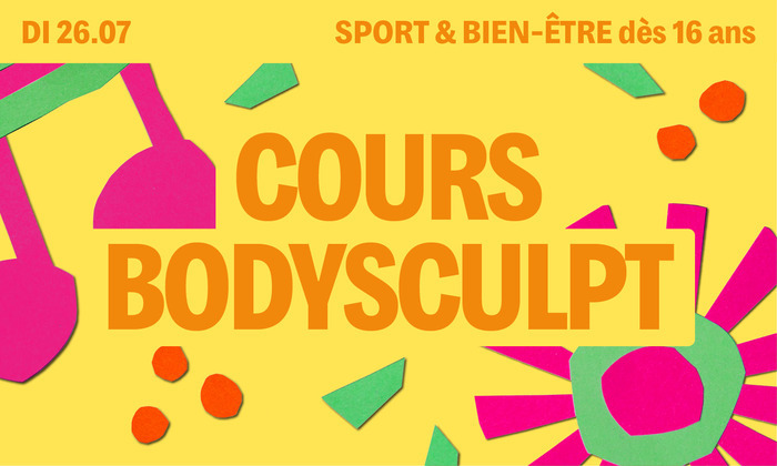 Sur fond jaune on retrouve des motifs colorés et le titre écrit en orange