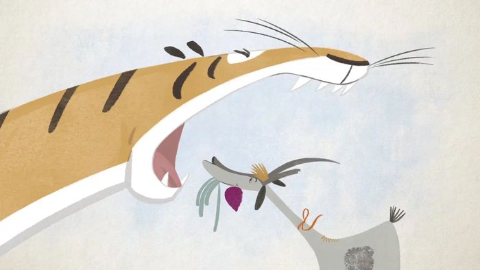 Dessin d'un tigre et d'une chèvre qui regarde dans sa bouche