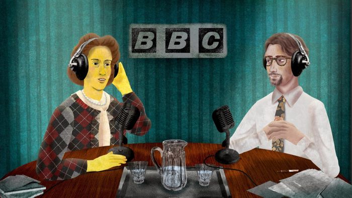 Dessin d'un plateau télé de la BBC avec une femme et une homme durant une émission télé