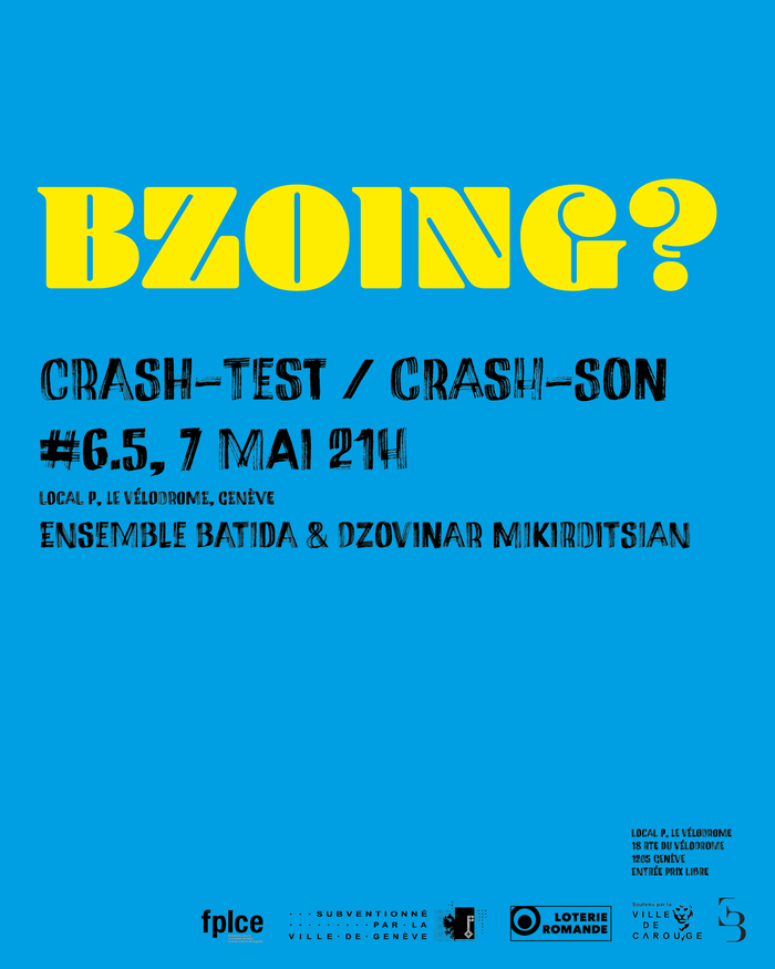 fond bleu et grosse écriture jaune "bzoing?" avec les informations du concert et les logos de soutien en noir (cf infos dans l'annonce)