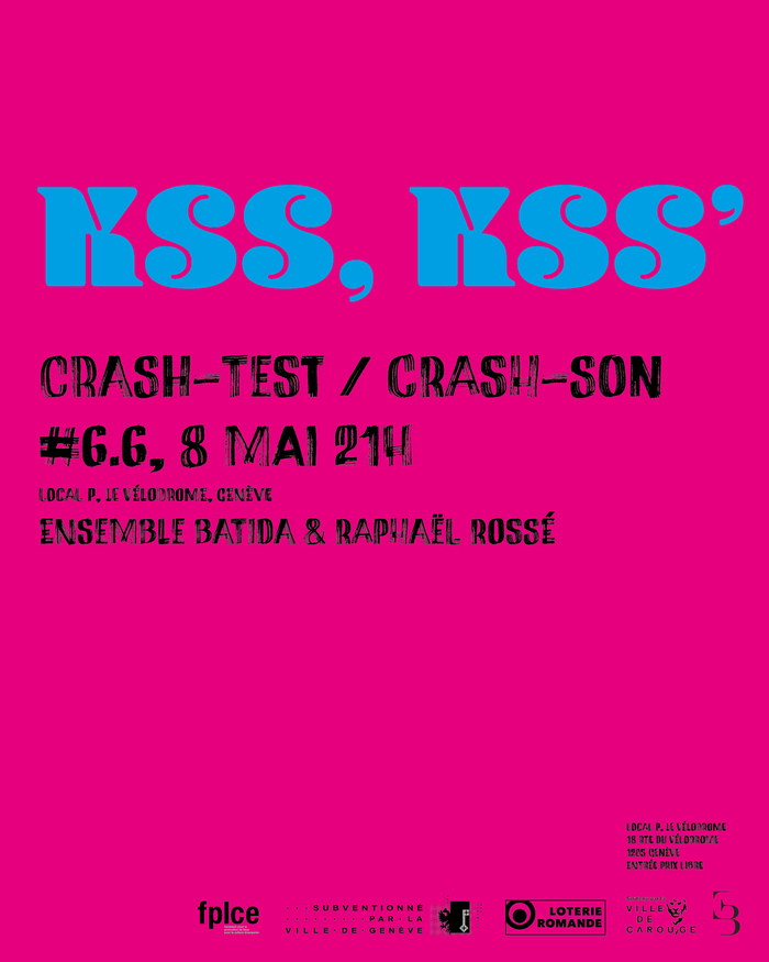 fond rose et grosse écriture bleue "Kss, kss" avec les informations du concert et les logos de soutien en noir (cf infos dans l'annonce)