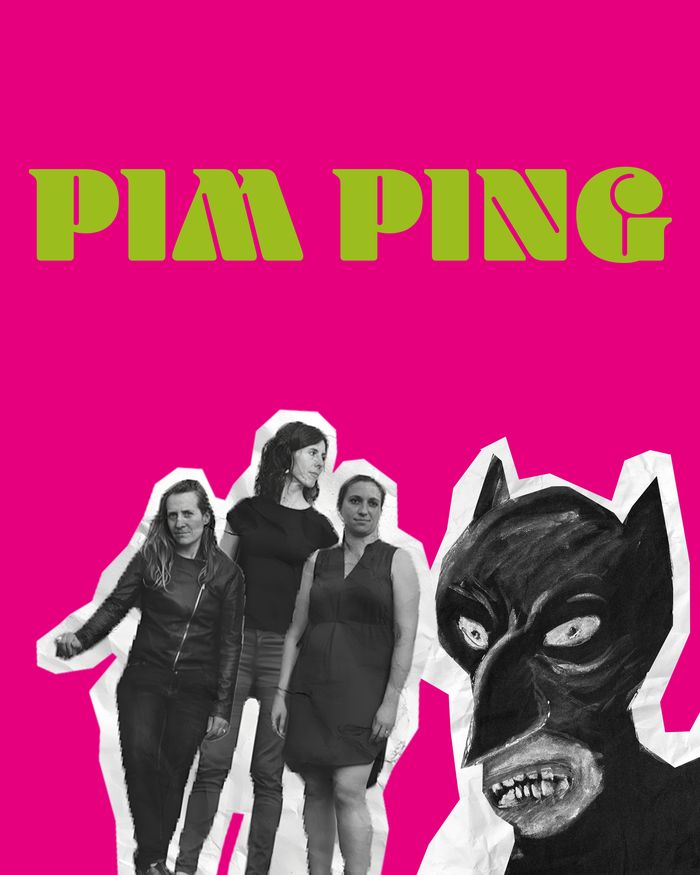 En bleu sur fond magenta l'onomatopée "PIM PING", en dessous: les photos comme découpées dans du papier journal des trois musiciennes de l'Ensemble Batida et un dessin de Nadan Rojnic, un personnage masqué, avec une cagoule qui ressemble au masque de batman