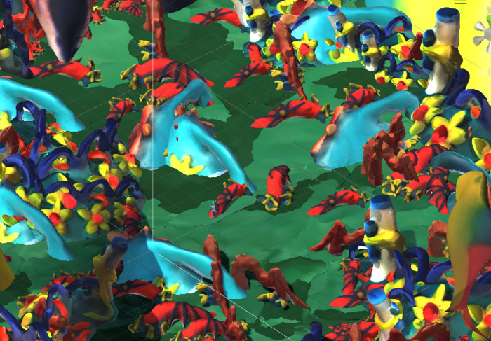 Théotime Serre Un environnement de jeu vidéo en pâte à modeler, avec des couleurs très vives. Des arbres, des racines, des fleurs.