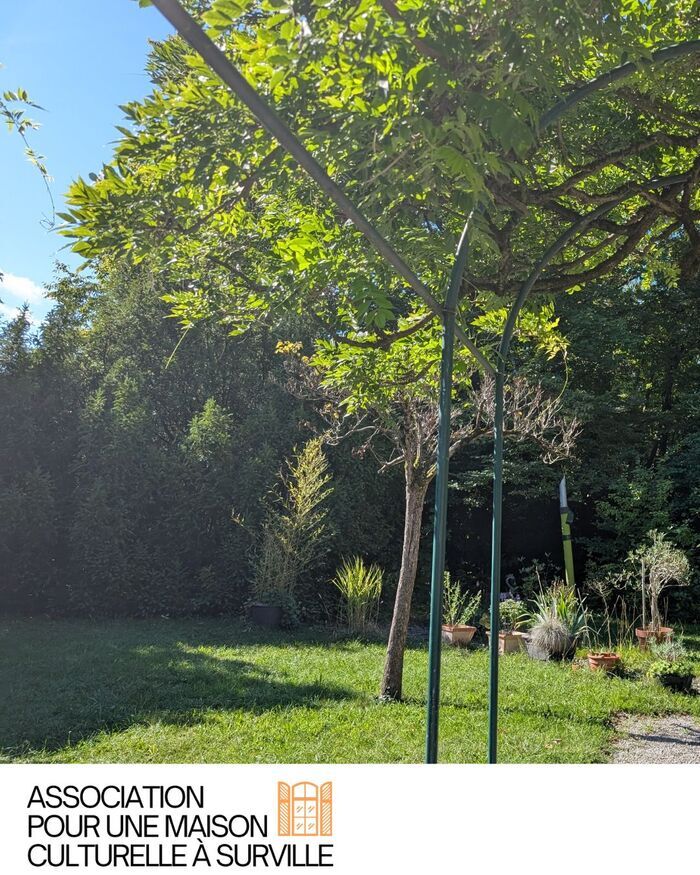 Image d'un jardin vert avec glycine et en bas le logo de l'association pour une maison culturelle à Surville