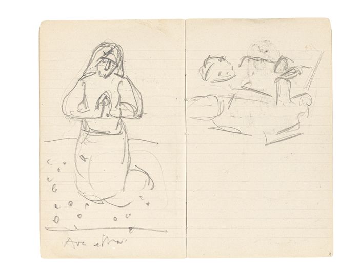 Ferdinand Hodler, "Ave Maria", 1903, crayon au graphite sur papier, 17,7 x 22 cm (ouvert), carnet n°171, pp.8-9, Genève, musée d'art et d'histoire, Cabinet d'arts graphiques.