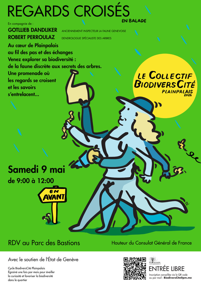 Un personnage va de l'avant menu d'un arrosoir , de fleur, de vers de terre, suivi d'un papillon tout cela sur un fond vert avec quelques gouttes de pluies parsemées de ci de là. Plus un rond qui figure lui le soleil ou le nom du Collectif est inscrit. De plus il y a un texte de présentation que voici ainsi que les liens d'inscription et les logos des partenaires : Au cœur de Plainpalais
au fil des pas et des échanges
Venez explorer sa biodiversité :
de la faune discrète aux secrets des arbres…