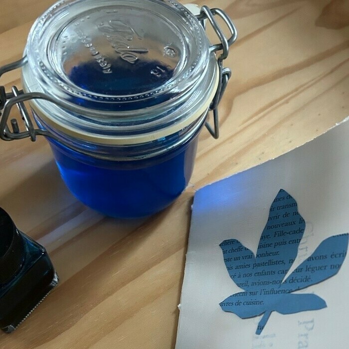 Une photo en couleur qui représente un pot en verre avec de l'encre bleue et carnet de croquis sur lequel une feuille de marronnier est dessinée à l'encre bleue.