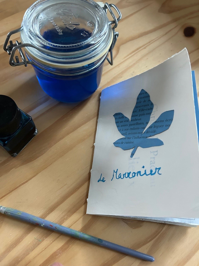 Anouck Fontaine Une photo en couleur qui représente un carnet de croquis sur lequel un arbre est dessiné à l'encre bleue.