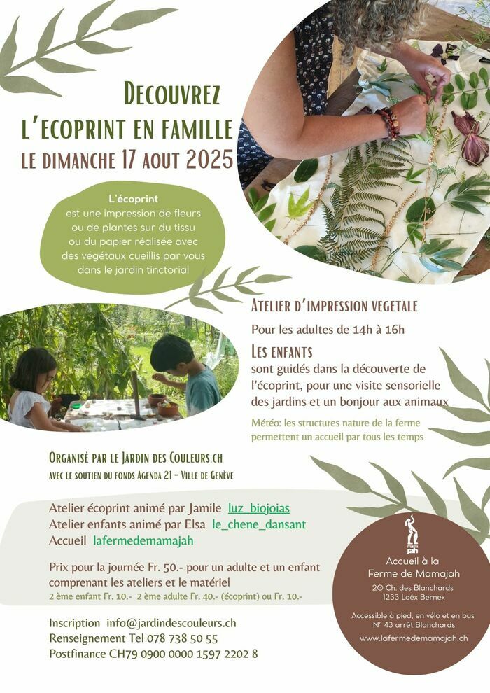 Dépôt de feuilles sur du tissu pour créer une emprunte végétale. Des enfants au jardin