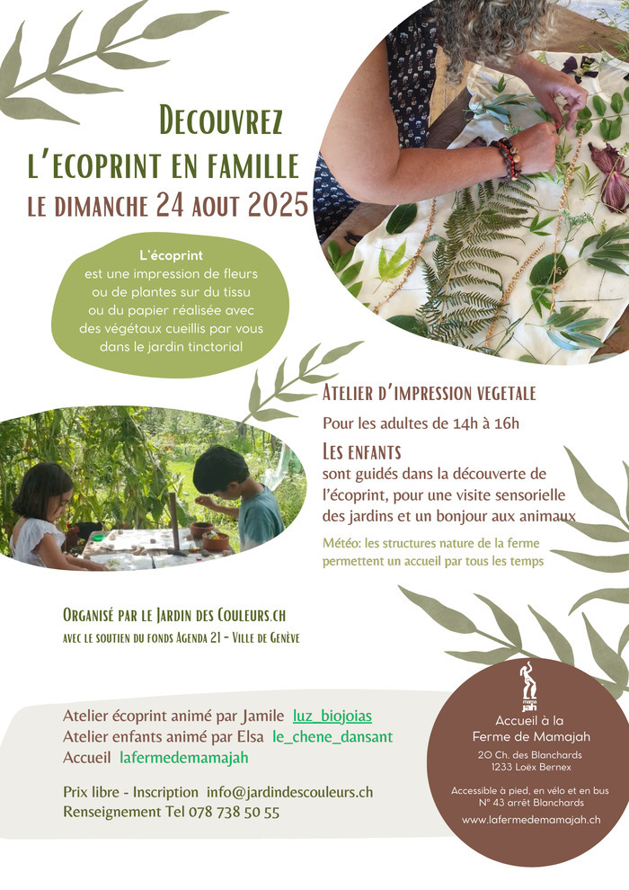 Dépôt de plantes sur du tissu pour réaliser une impression végétale. Deux enfants dans un atelier créatif qui se déroule dans un jardin.