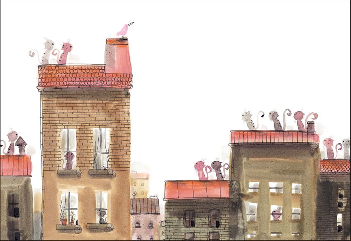 Une illustration de Barroux, en couleur, qui représente plusieurs immeubles anciens, avec des chats postés sur les toits.