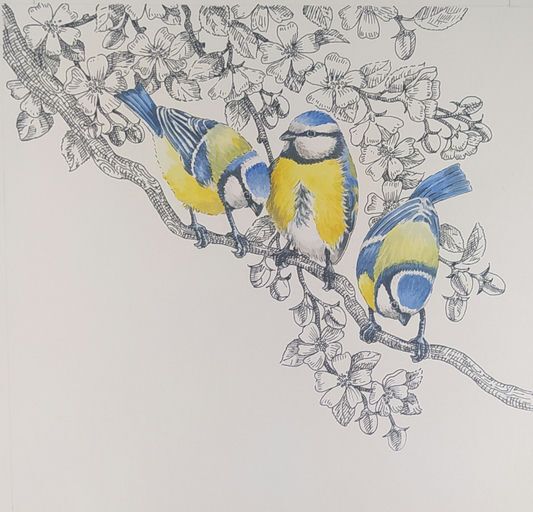 Une illustration en couleur qui représente des mésanges sur une branche d'arbre.