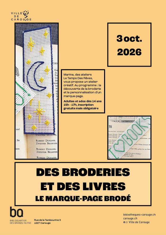 Marque-page brodé avec une lune bleue et des petites étoiles jaunes