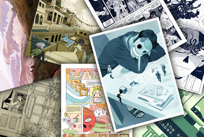 Série de dessins de Maxime Schertenleib, posés les uns par-dessus les autres.