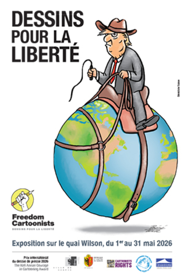 Dessin de presse d''un homme coiffé d'un chapeau de cow-boy (qu'on reconnaît être Donald Trump), à cheval sur la planète Terre sanglée d'une selle.