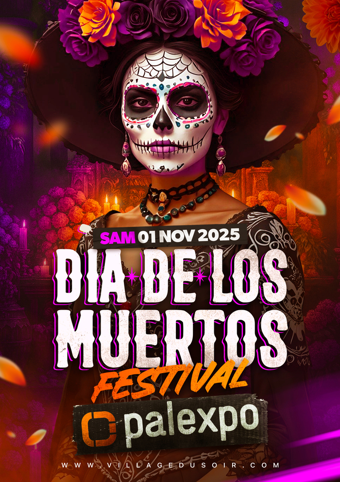 villagedusoir Tete mexicaine " dia de Los muertos" image colorée, village du soir et palexpo, samedi 1er novembre