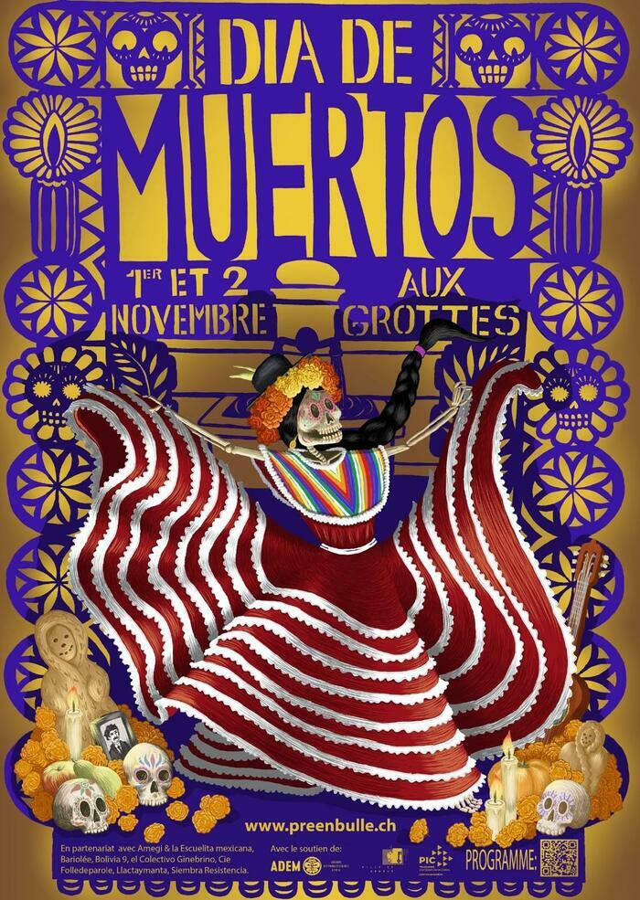 dia de los muertos / danseuse mexicaine en grande robe colorée / offrandes pour l'autel-fontaine.