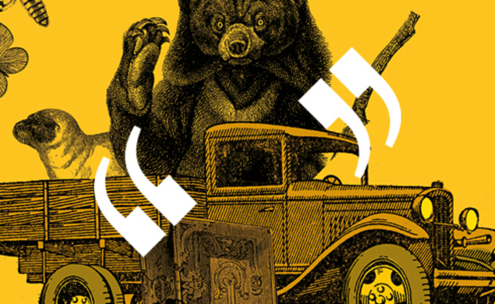 Illustration d'un ours sur une camionnette, avec des papillons autour, et des guillemets blanc