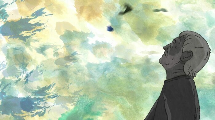 dessin et peinture d'un homme regardant le ciel